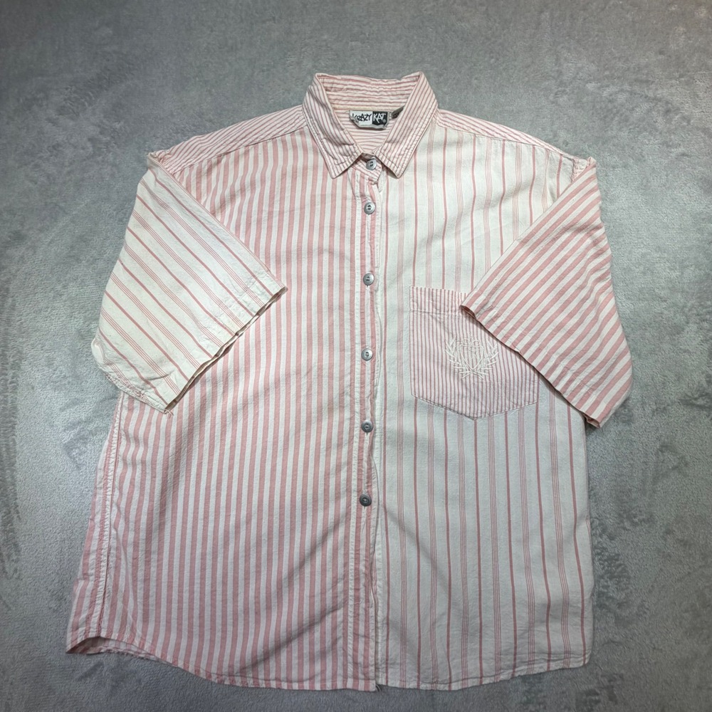 Vintage Krazy Kat 90s Striped Button Down Shirt Size M Pink White 100%‎ Cotton
